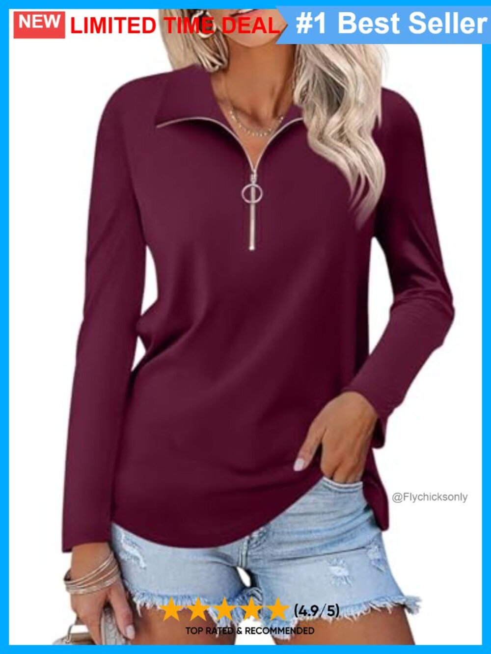 Women's Quarter Zip Polo Shirt Long Sleeve Collared V Neck Casual Top